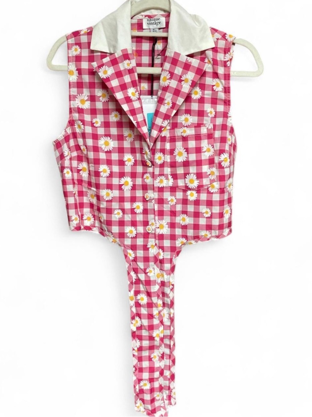 Unique Vintage Pink Gingham Daisy Button Crop Vest